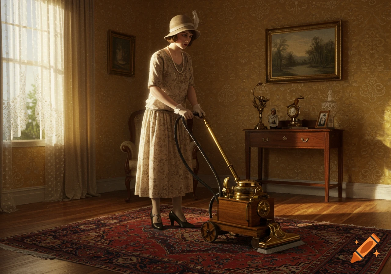 A woman in 1920s attire uses an antique vacuum cleaner on a patterned rug in a sunlit room with ornate wallpaper.