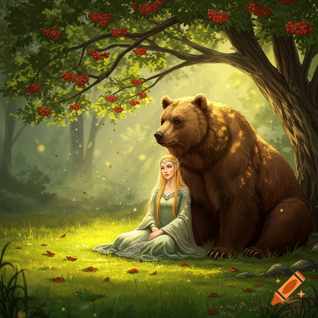 An elvish queen sits gracefully beside a large brown bear under a rowan tree in a sunlit forest clearing.