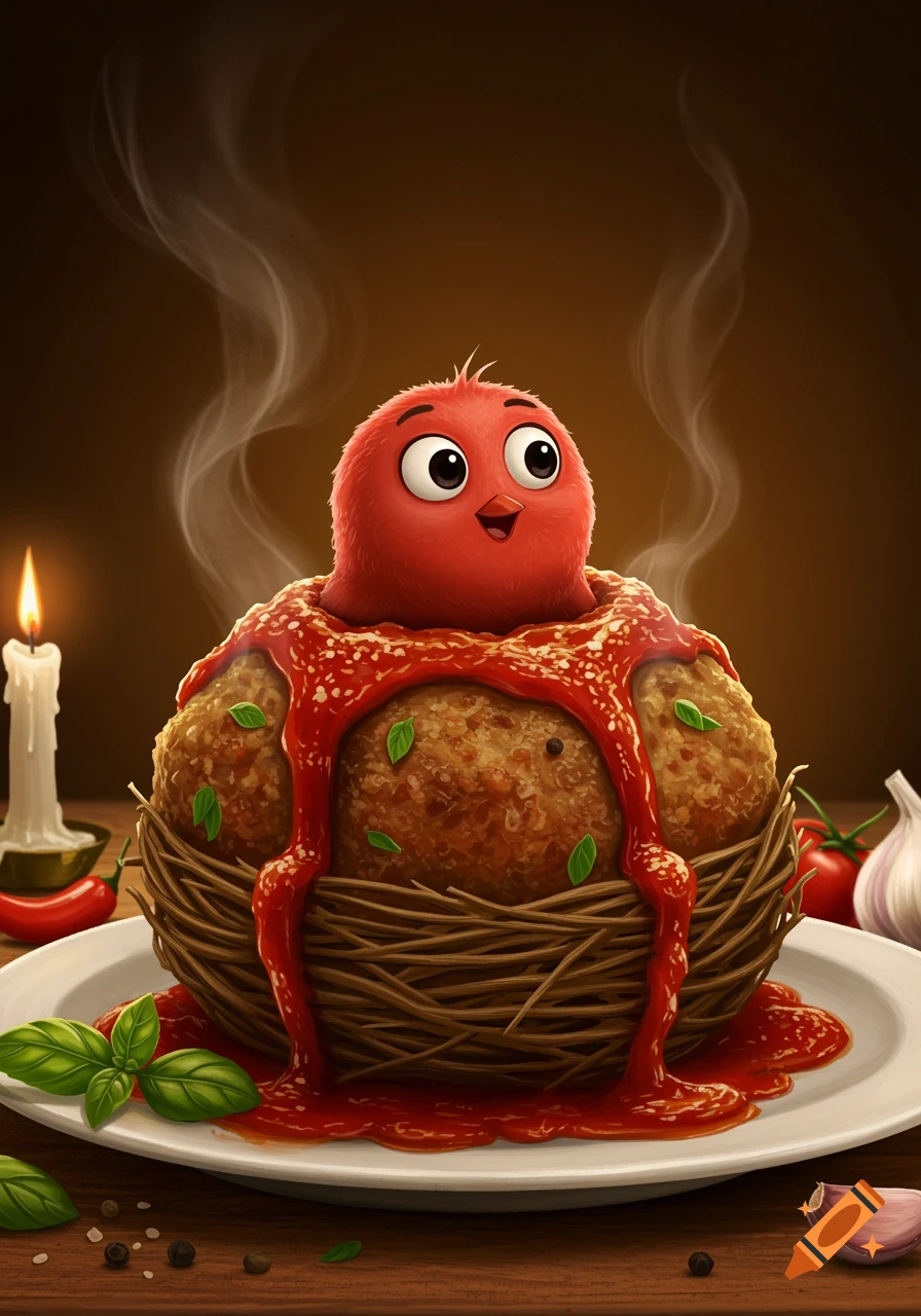A cute, red, fluffy cartoon bird with wide eyes and a smile peeks out from a large meatball served in a nest on a plate, drizzled with red sauce and surrounded by basil, garlic, and a candle, with steam rising.