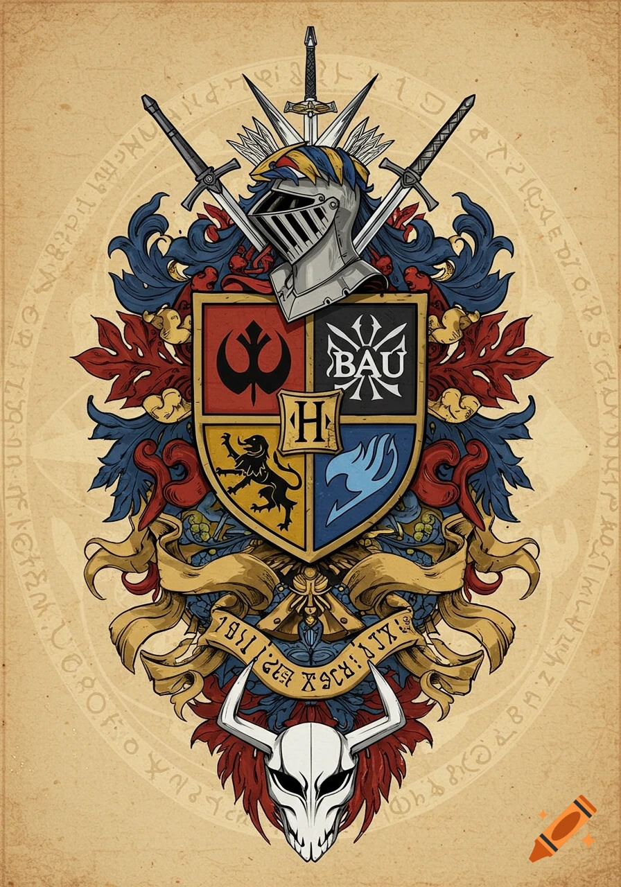 An ornate coat of arms featuring a knight's helmet, swords, a bull skull, and symbols representing Star Wars, Criminal Minds, Harry Potter, a lion, and Fairy Tail, on a shield with a red, black, yellow, and blue background.