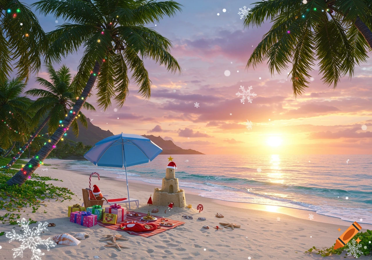A tropical beach at sunset with snow falling, decorated palm trees, a sandcastle with a Santa hat, presents, and a picnic blanket.