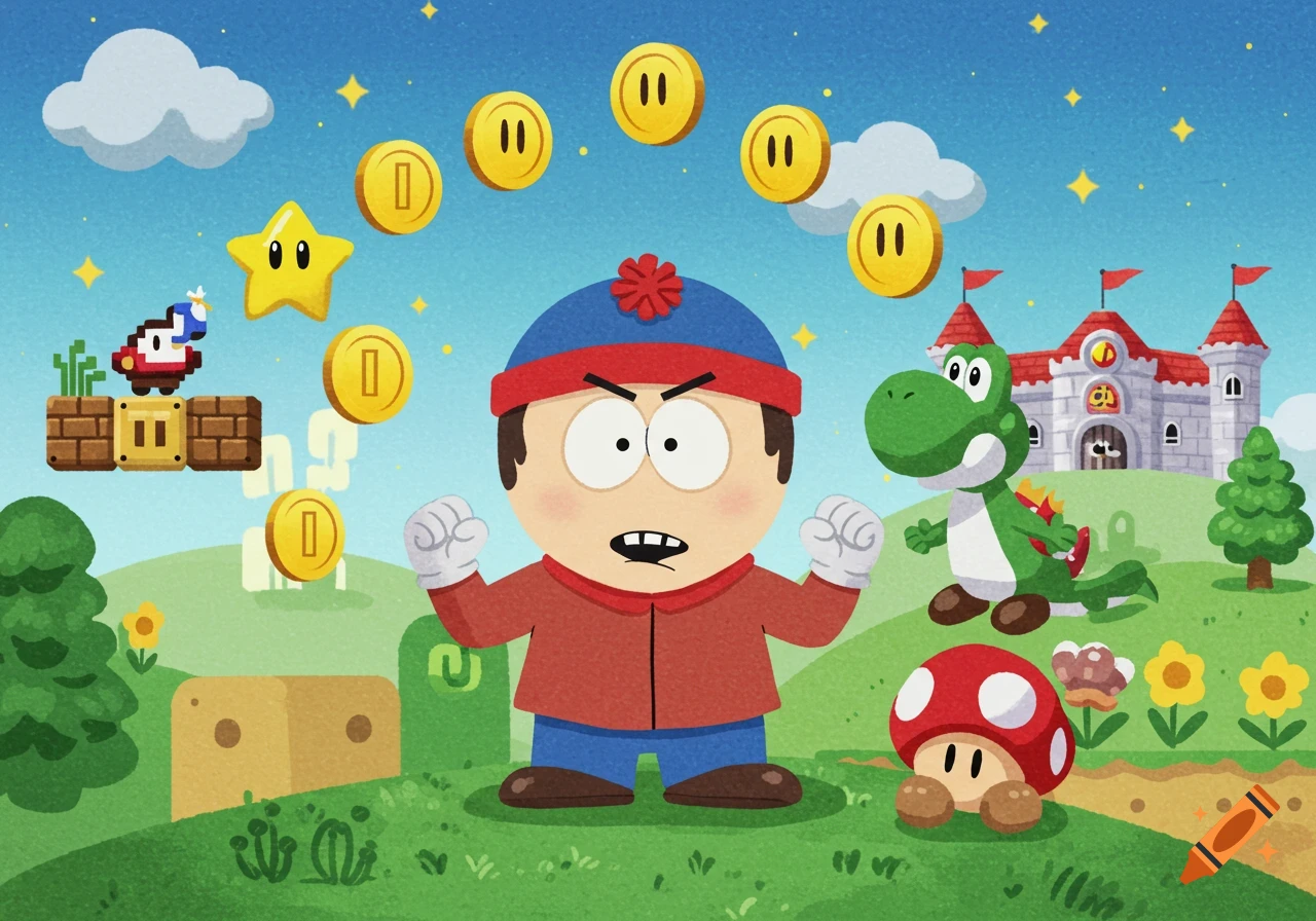 Stan Marsh from South Park with an angry expression and clenched fists in a vibrant Super Mario-themed landscape, surrounded by coins, a Star, a Goomba, and Yoshi, with Princess Peach's castle in the background.