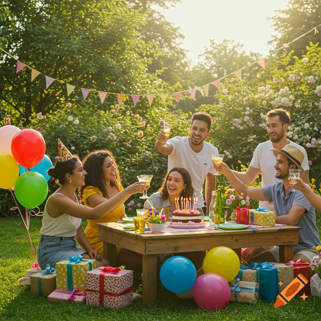 A diverse group of friends celebrating a birthday party outdoors, toasting around a table with a cake, gifts, and balloons.