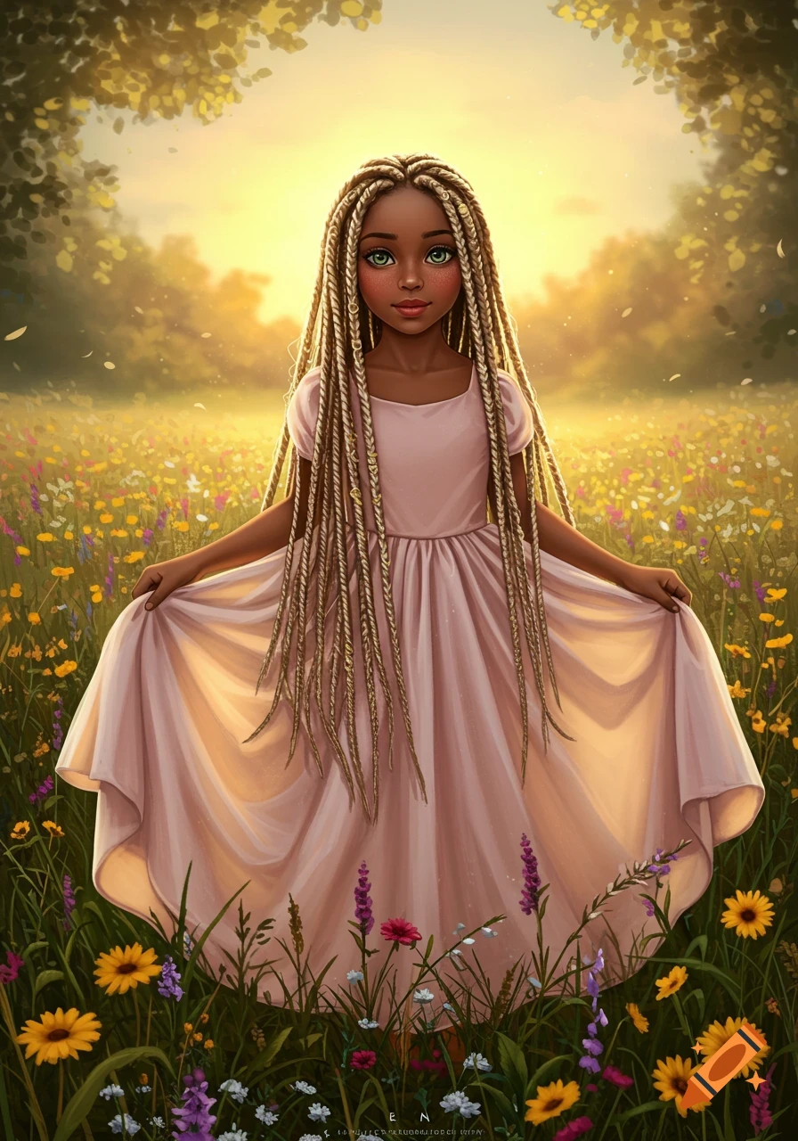 An illustrated young girl with long blonde box braids and a pink dress stands in a sunny field of colorful wildflowers.