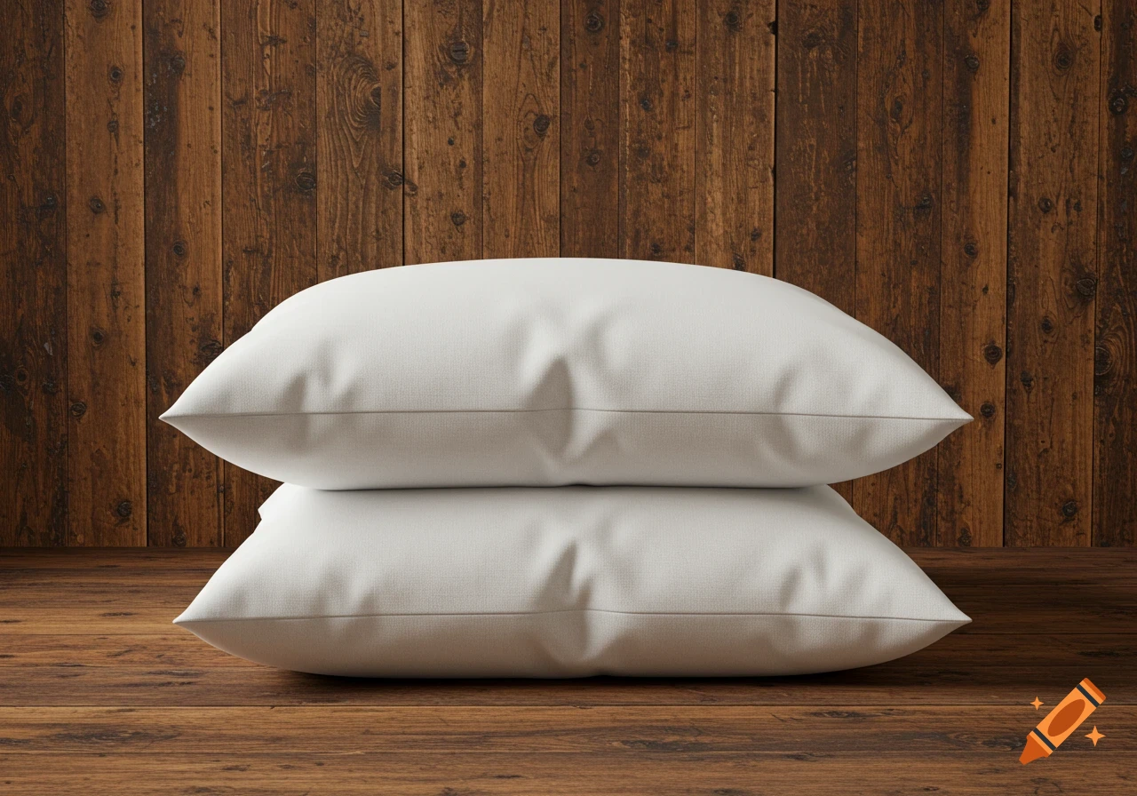 Two white pillows stacked on a wooden floor in front of a rustic wooden wall, in a professional product photography style.