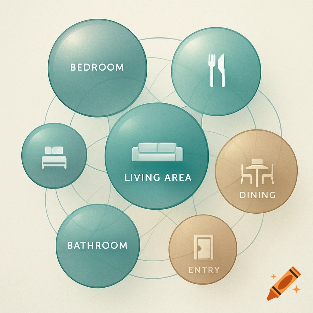 A bubble diagram showing six house zones: Bedroom, Living Area, Dining, Bathroom, Entry, and a kitchen icon.