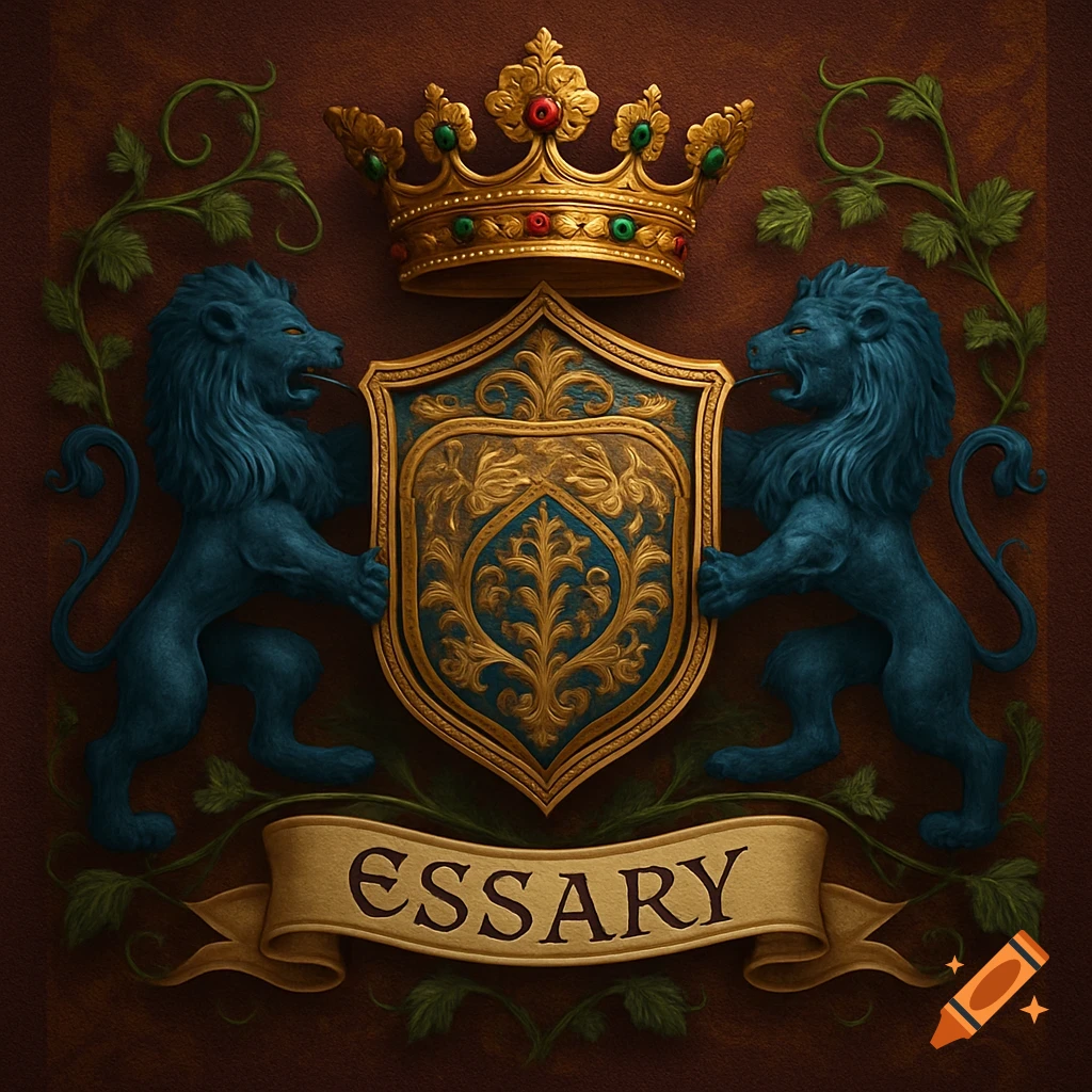 A detailed golden and teal family crest featuring two blue lions holding a shield, topped with a crown, and the name ESSARY on a banner.