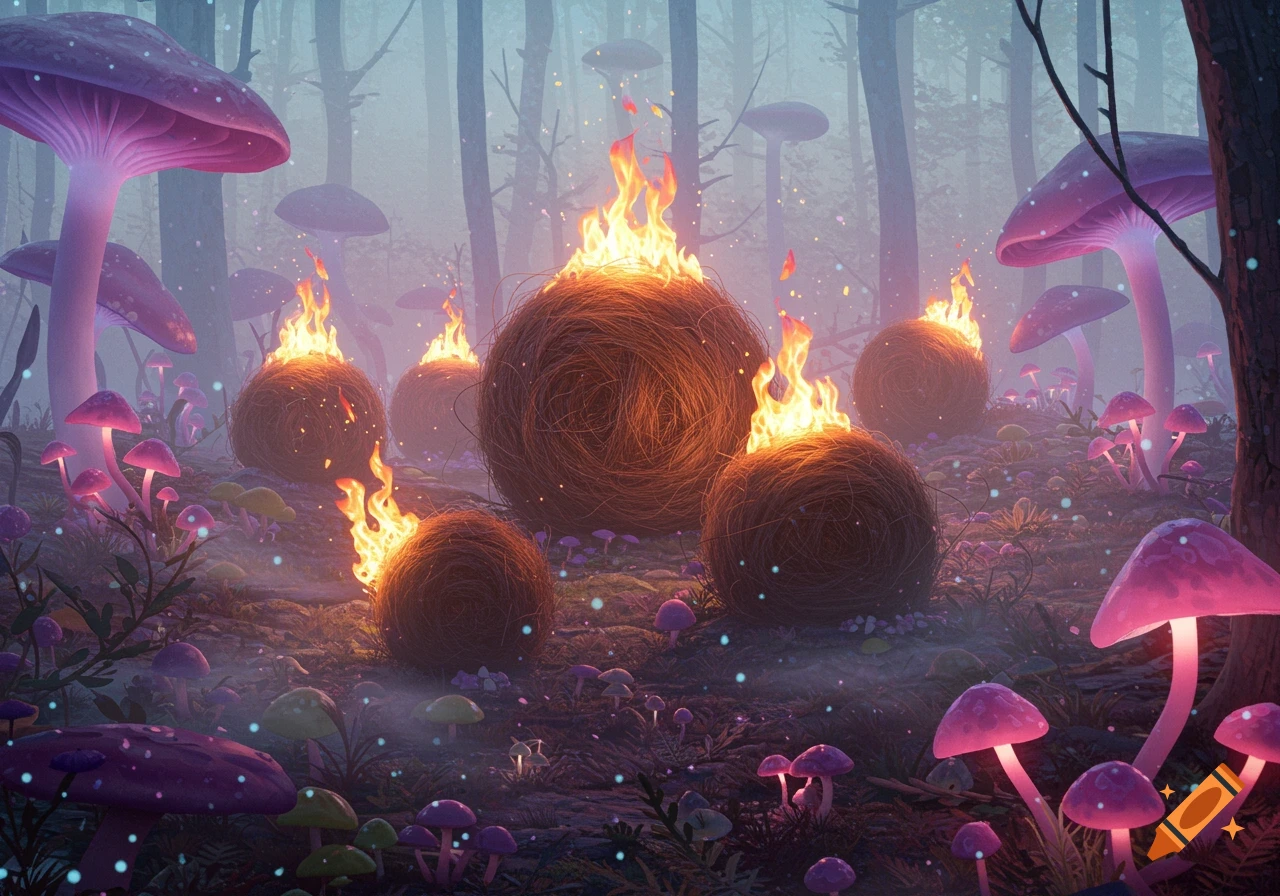 Misty fantasy forest scene with large glowing purple mushrooms and several burning spherical objects on the ground.