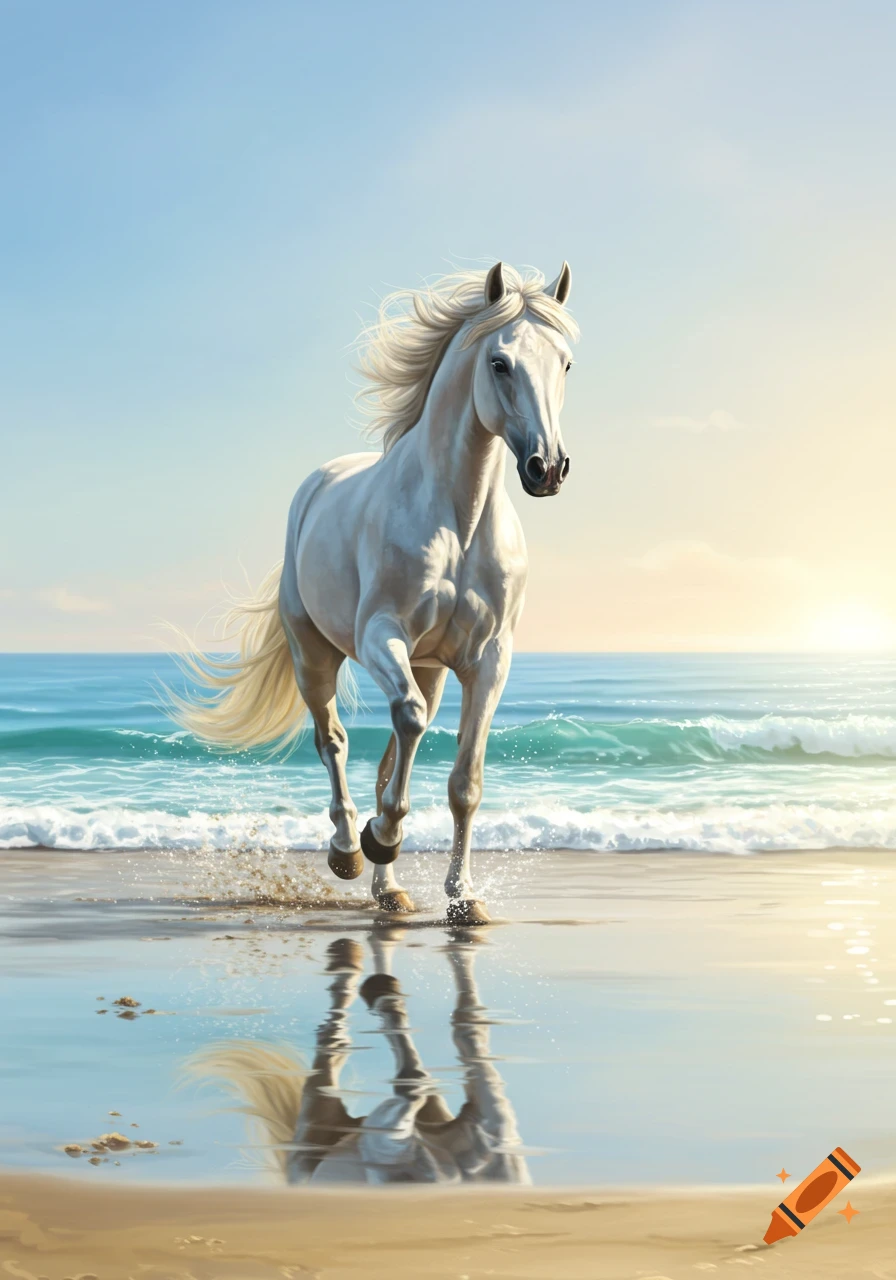 A majestic white horse runs through the shallow water on a sandy beach under a clear sky.