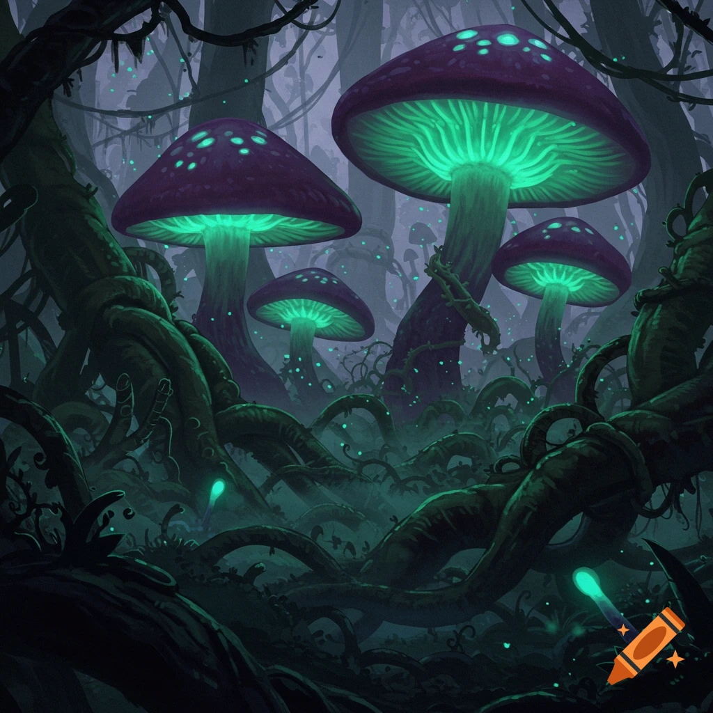 Large, glowing purple mushrooms with neon green undersides in a dark, tangled forest, creating an eerie, mystical atmosphere.
