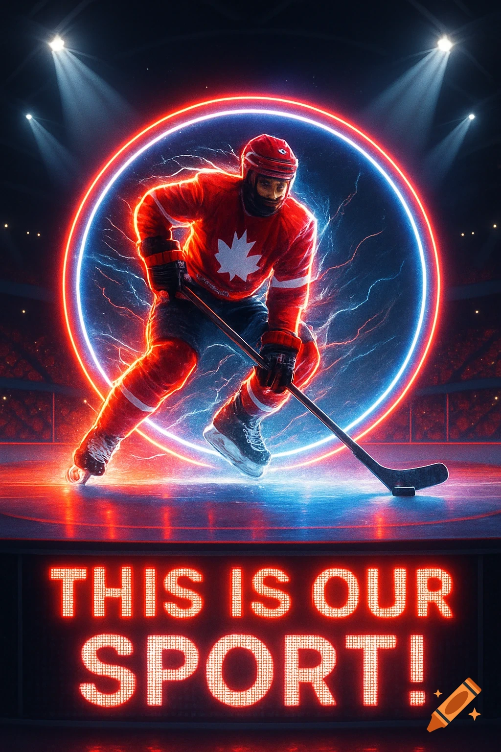 A vibrant, neon-lit Canadian hockey player skates inside a glowing ring in an arena, with 'THIS IS OUR SPORT!' on an LED scoreboard.
