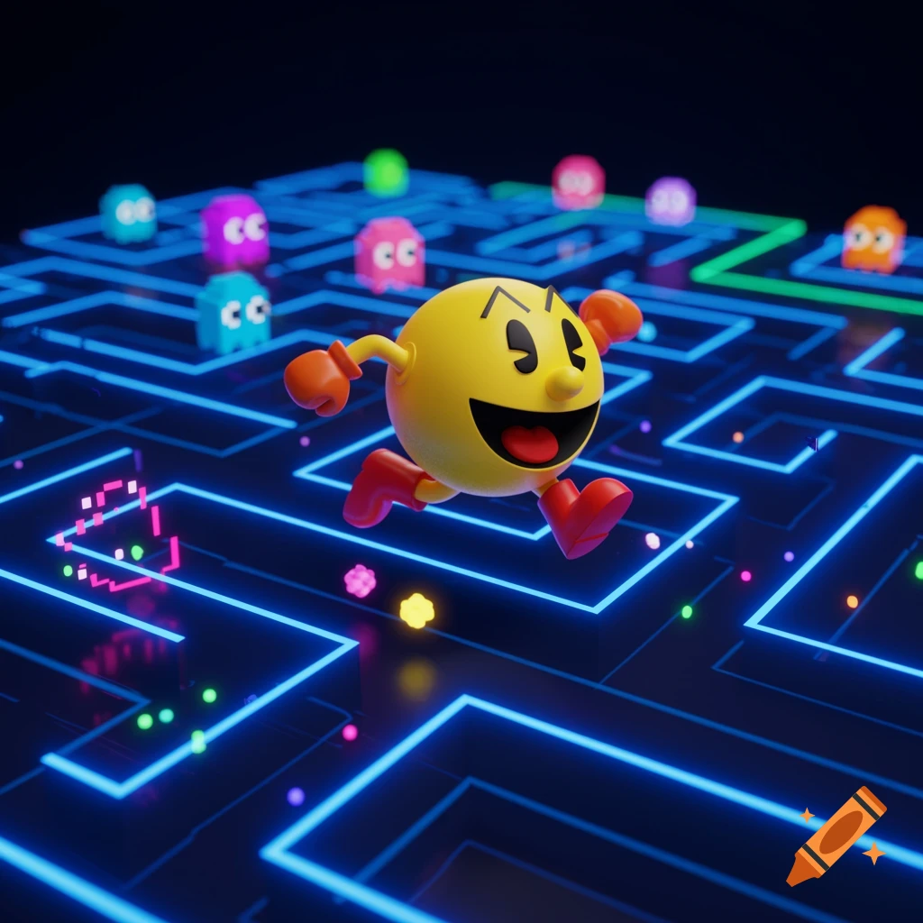 A 3D rendered Pac-Man runs across a glowing blue maze, pursued by colorful ghosts in the background.