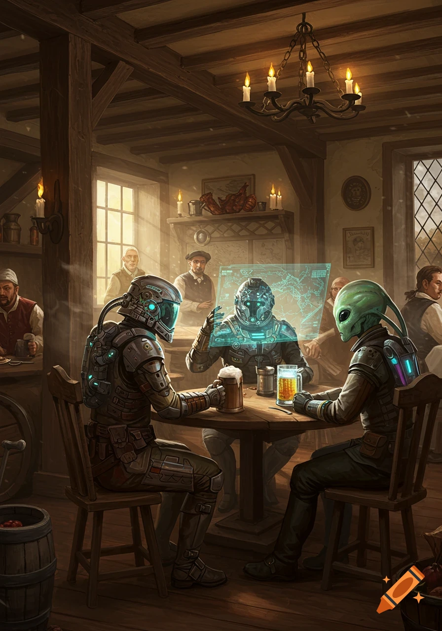 Space travelers, including an alien and two armored figures, drink beer at a table in a rustic 18th-century tavern.