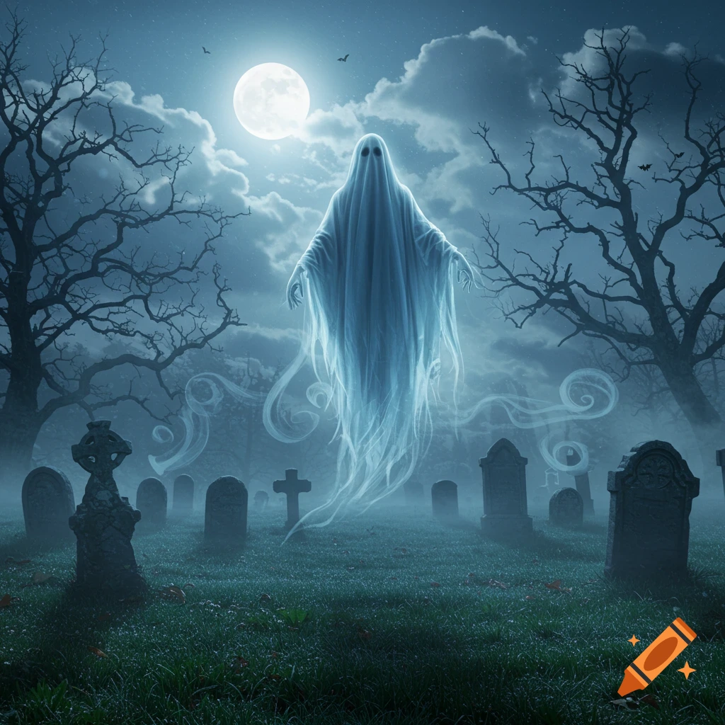 A glowing white ghost hovers above a misty graveyard with bare trees and tombstones under a full moon.
