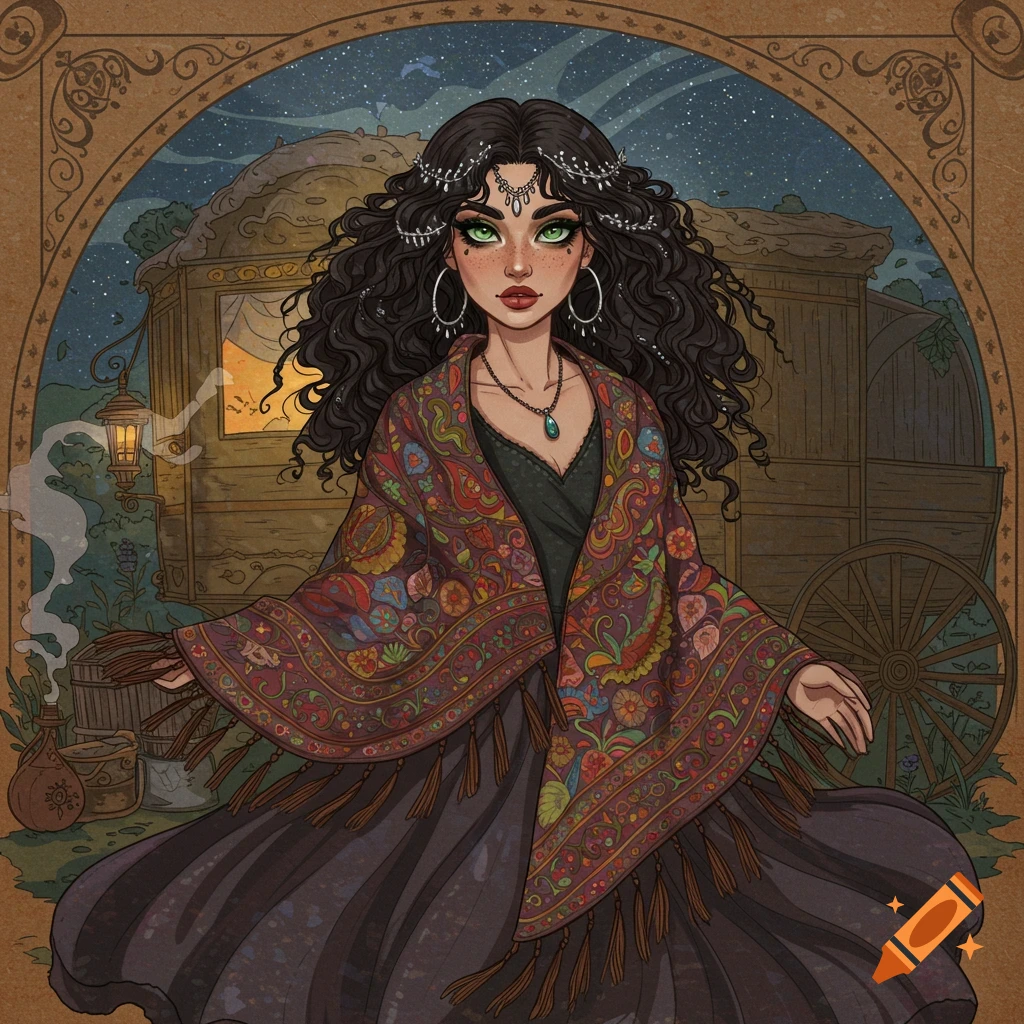 A dark-haired woman with green eyes in a patterned shawl stands before a wooden caravan under a starry night sky in a detailed illustration.