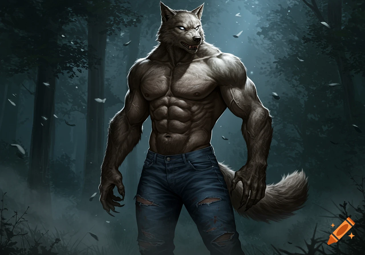 A muscular werewolf wearing ripped jeans stands in a dark forest at night, with glowing eyes and bared fangs.