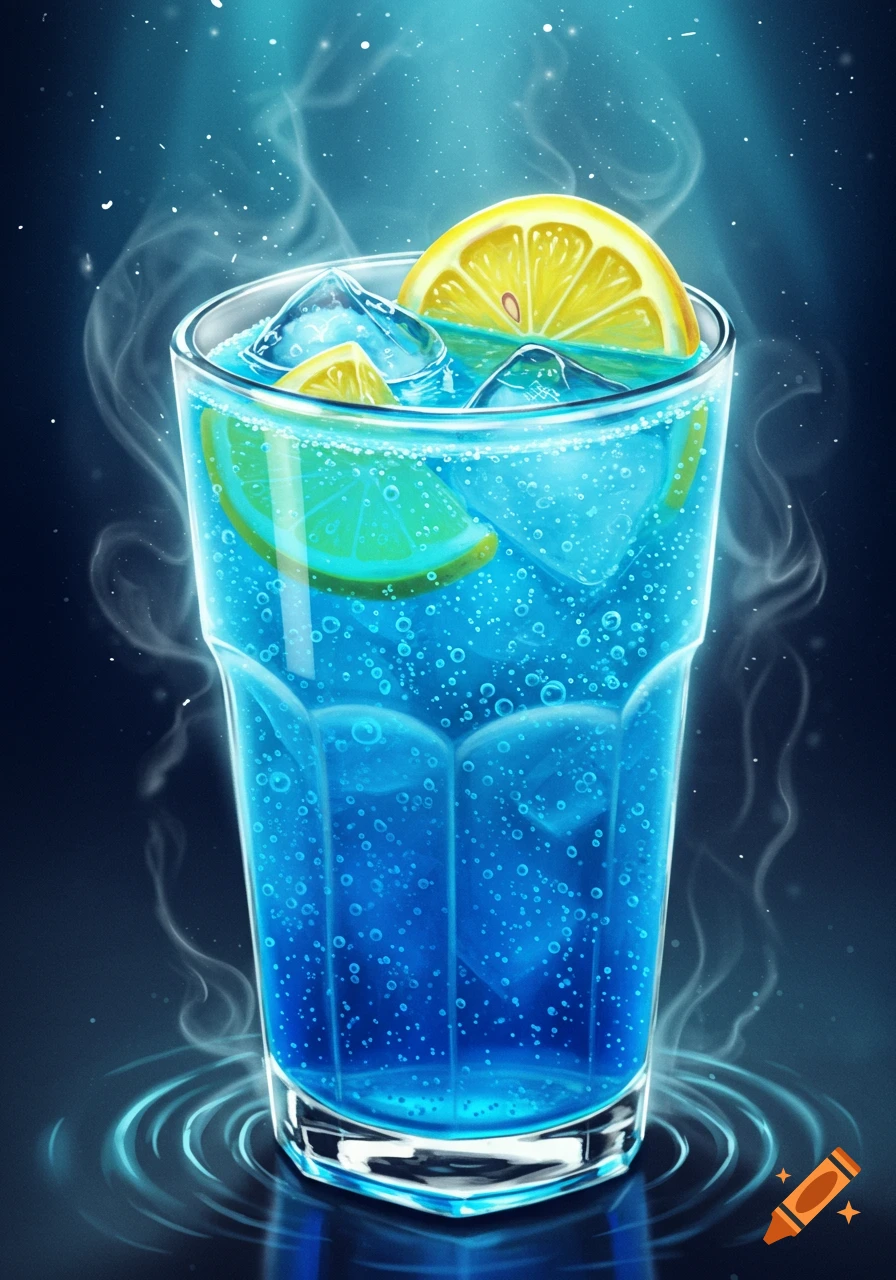 A vibrant blue soda with ice cubes and lemon slices in a glass, surrounded by a subtle misty aura and light reflections.