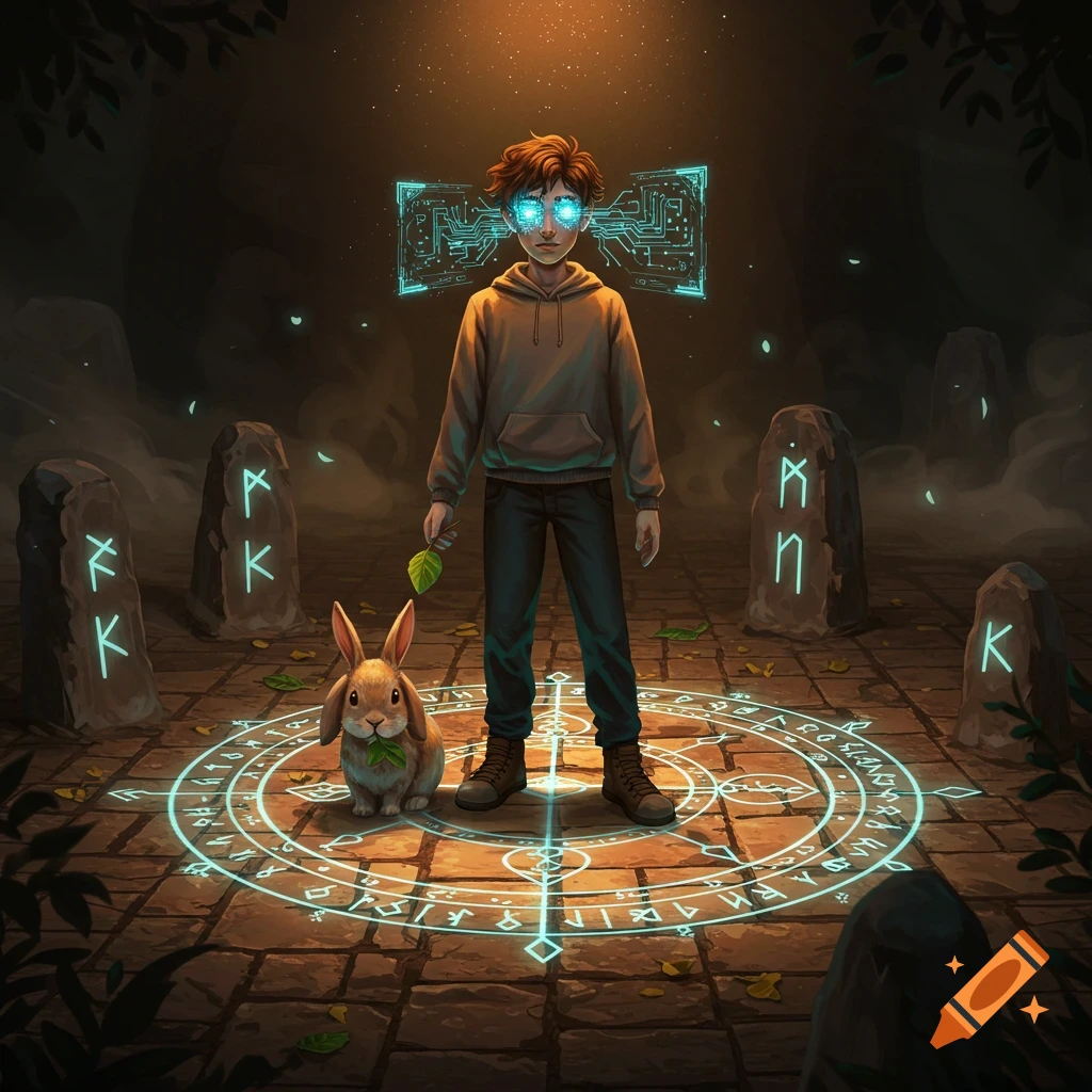 A boy with glowing blue eyes stands with a rabbit in a glowing magic circle surrounded by runic stones in a dark, mystical setting.