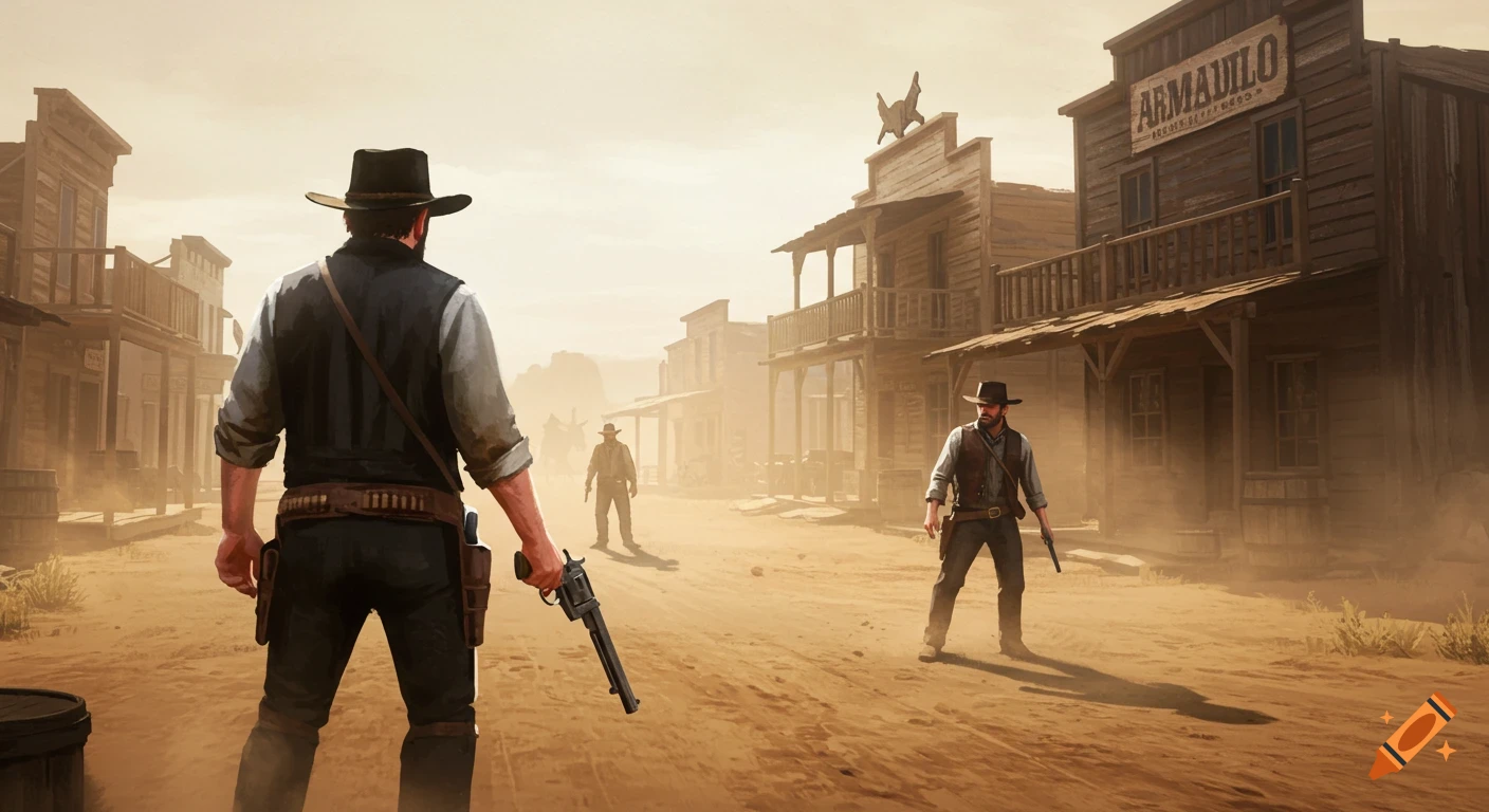 Two cowboys in a dusty Old West town square off in a gun duel, one reaching for his weapon. Wooden buildings and a saloon sign are in the background.