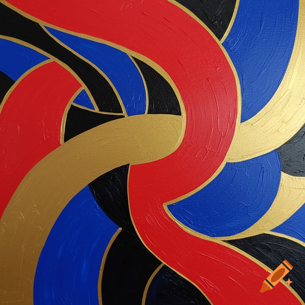 Abstract art with intertwining red, blue, black, and gold curved lines.