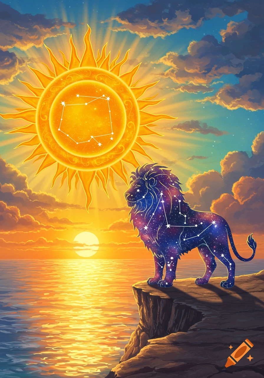 A starry lion stands on a cliff overlooking a radiant sunset over the ocean, with a sun featuring a constellation in the sky.