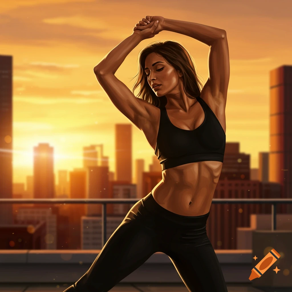 A muscular woman in a black sports bra and leggings stretches on a city rooftop at sunset, in an illustrated style.
