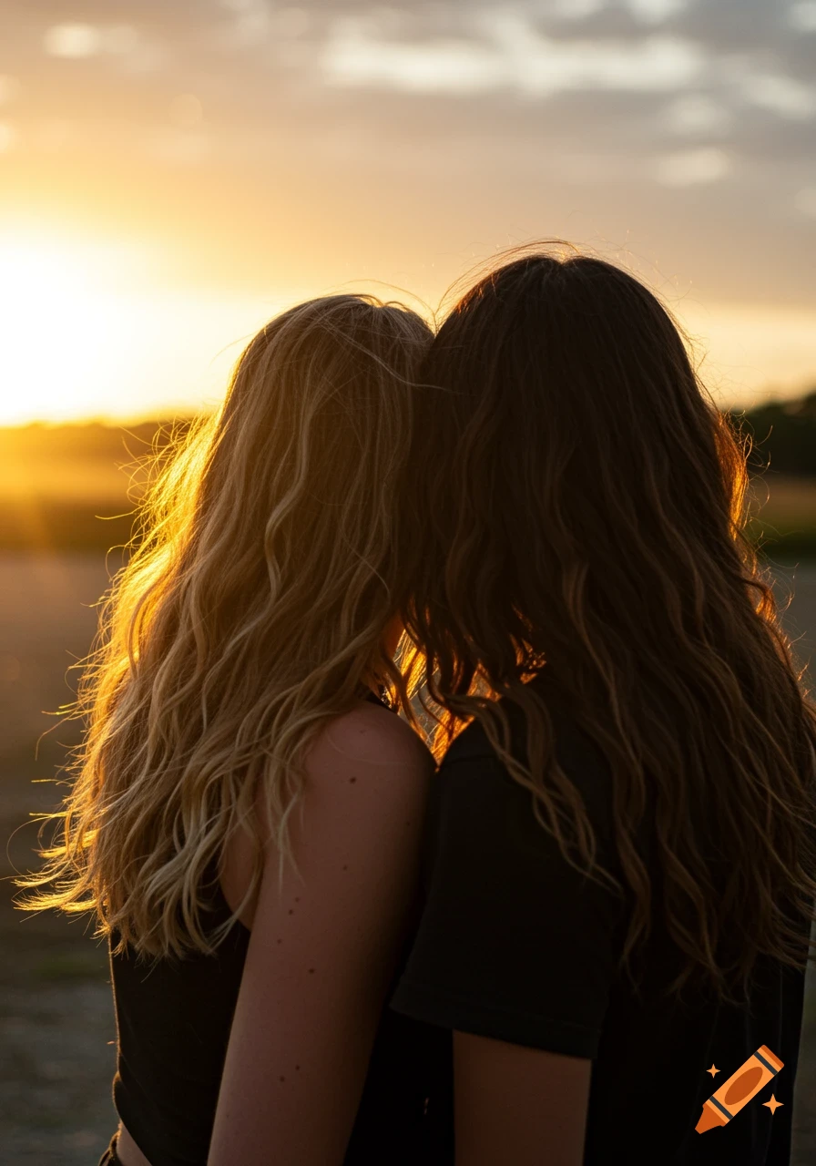 Two people with long wavy hair, one blonde and one dark, stand with their backs to the camera against a golden sunset.