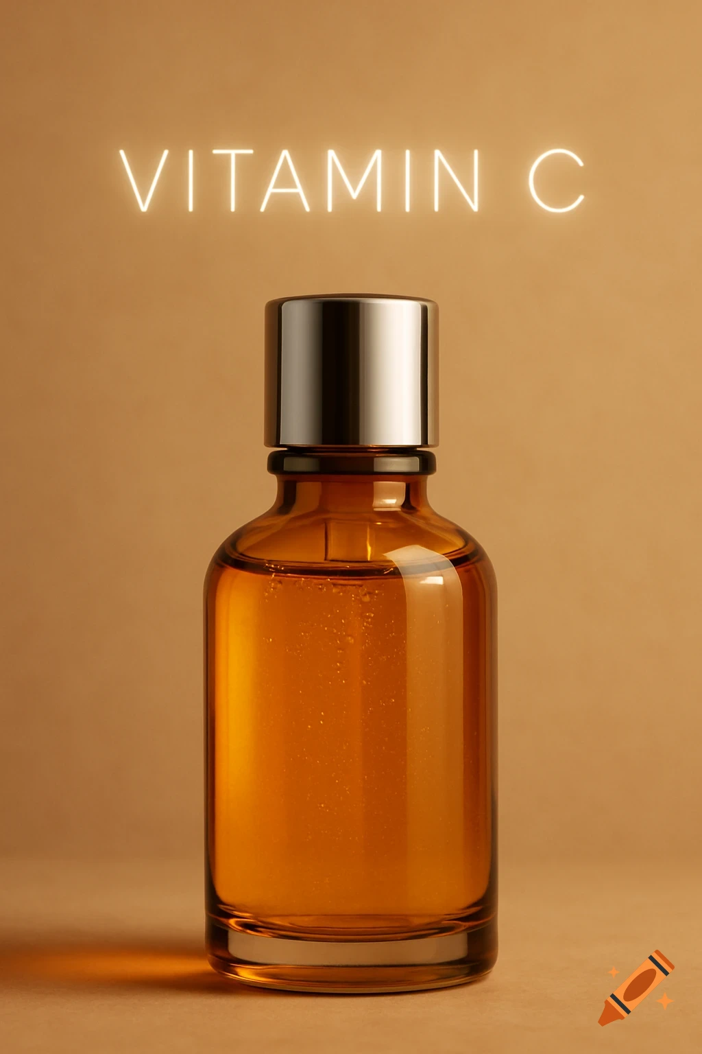 Photorealistic image of an amber glass bottle of vitamin C serum with a silver cap against an earthy beige background.
