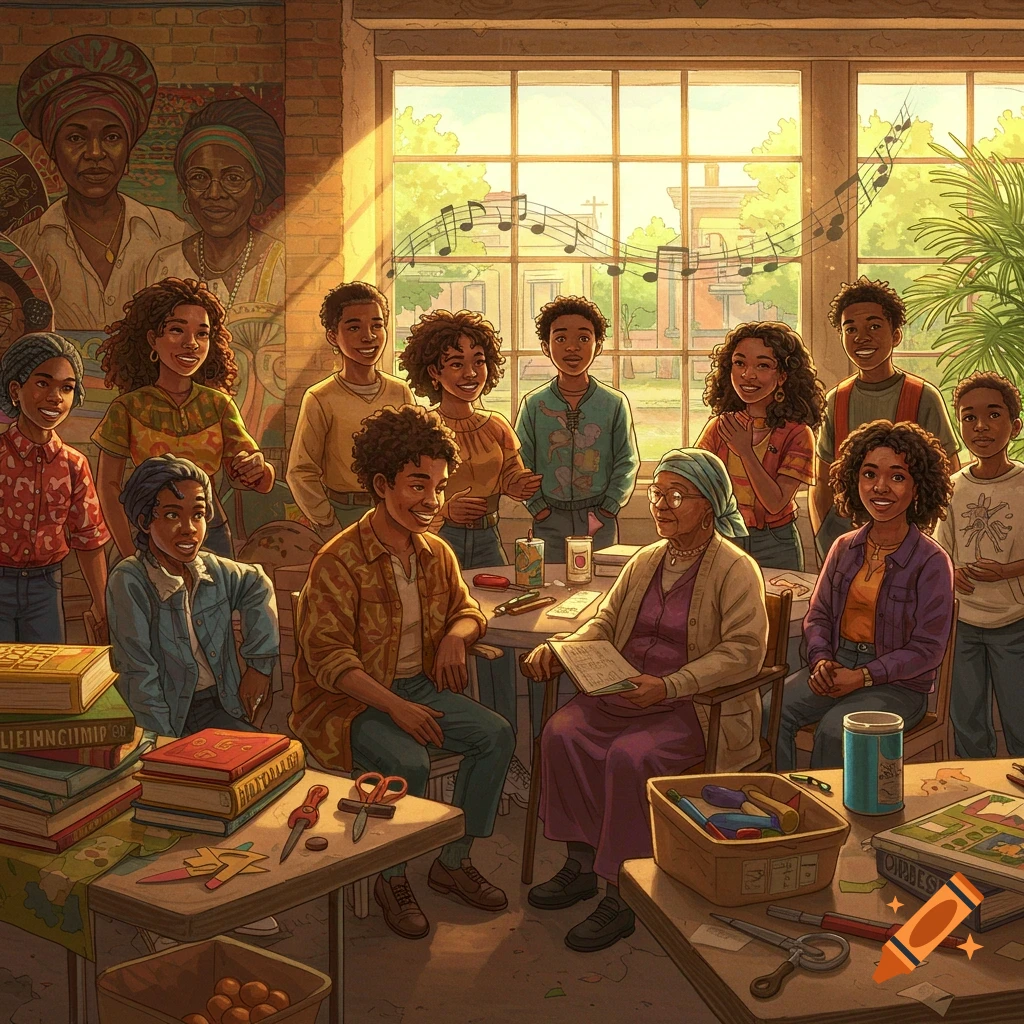 An illustration of smiling Black youth and an elder woman gathered in a sunlit room, surrounded by books and craft supplies.