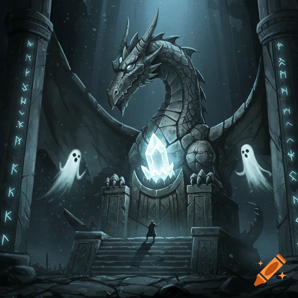 A dark fantasy illustration of a large stone dragon statue with a glowing crystal in its chest, flanked by two floating ghosts and ancient rune-carved pillars, as a lone figure stands before it, watercolor style.
