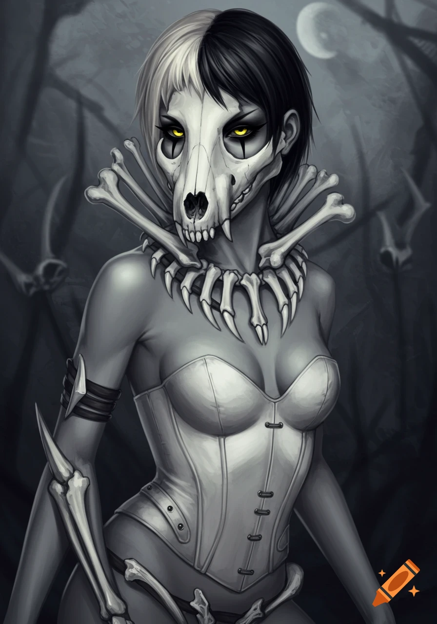 A dark fantasy figure with a skull mask, glowing yellow eyes, and split black and white hair, wearing bone armor and a white corset.