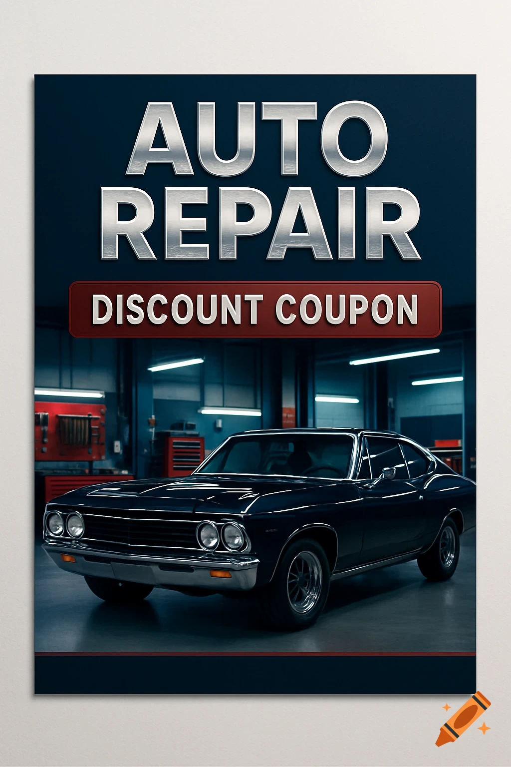 A flyer advertising auto repair, featuring a black classic car inside a garage with text "AUTO REPAIR DISCOUNT COUPON".