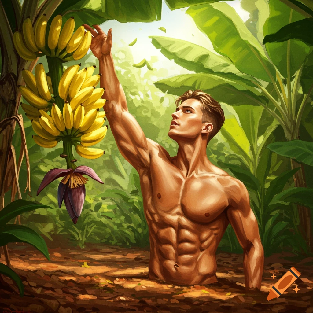 Muscular man reaching for a bunch of yellow bananas in a vibrant jungle setting with large green leaves.