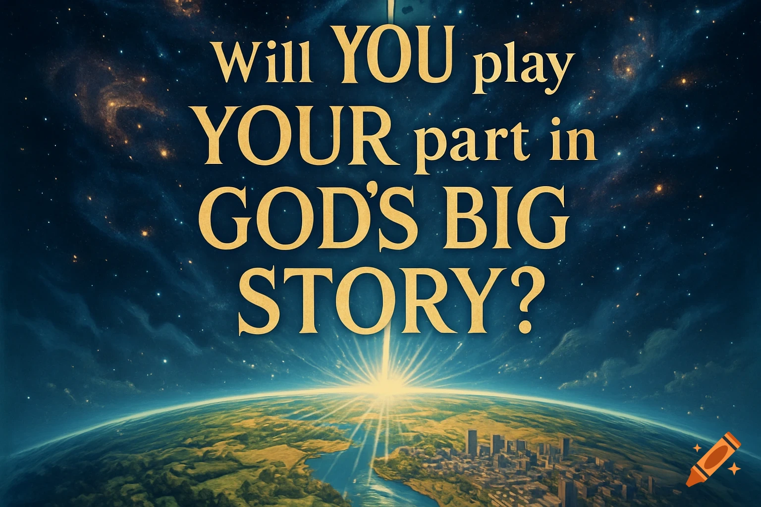 A view of Earth from space with a city and a bright light, featuring the text 'Will YOU play YOUR part in GOD'S BIG STORY?'