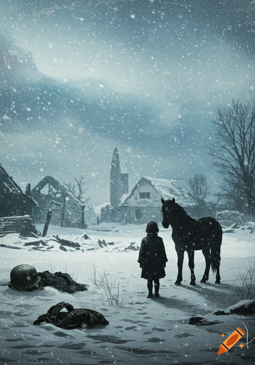 A somber, snowy illustration of a child and a horse standing in a ruined village, with a soldier's helmet and belt buckle in the foreground.