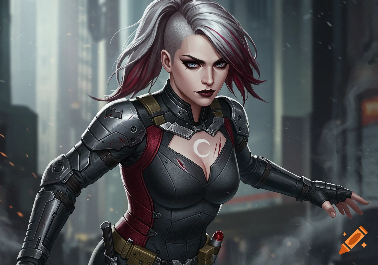 A female character with a shaved side of her head and grey-red hair, wearing a black and red tactical armored suit with a crescent symbol on the chest. She looks intently at the viewer against a blurred city backdrop.