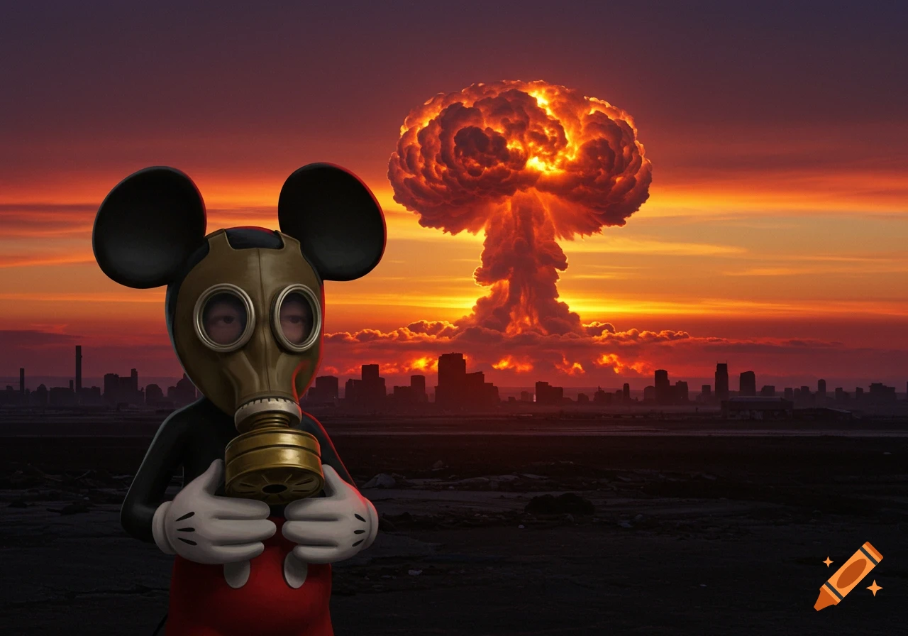 Mickey Mouse-like character in a gas mask stands in a desolate landscape with a mushroom cloud and city skyline at sunset.