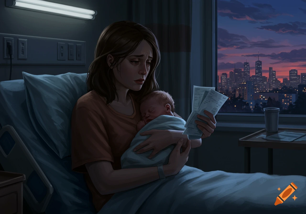 An illustration of a sad woman holding a sleeping baby and medical bills in a hospital room, with a city skyline at dusk.