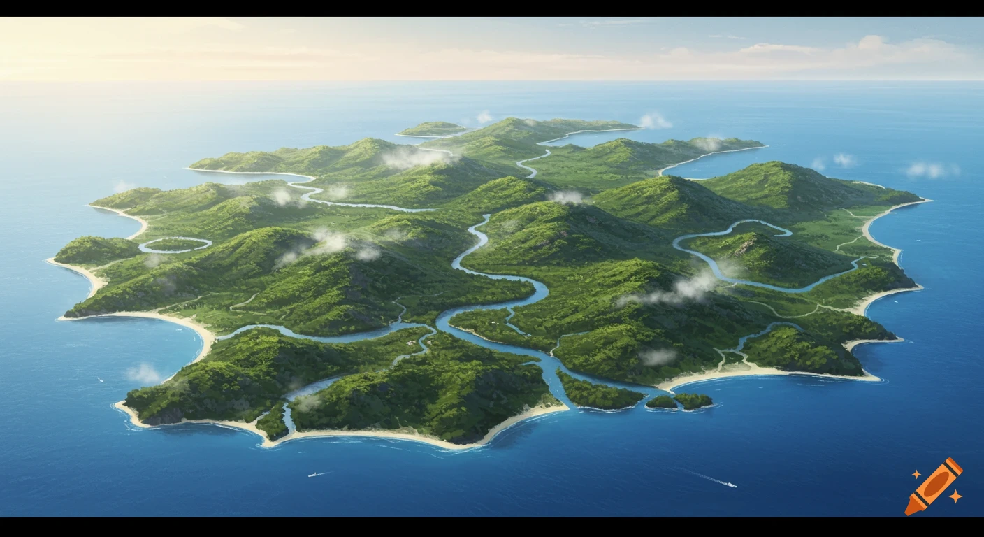 An aerial view of a lush green island with winding rivers and sandy beaches surrounded by a blue ocean under a clear sky.