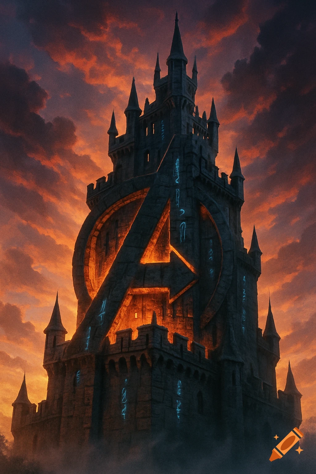 An epic fantasy castle with the Avengers 'A' logo emblazoned on its facade, glowing orange against a dramatic orange and red sky with dark clouds.