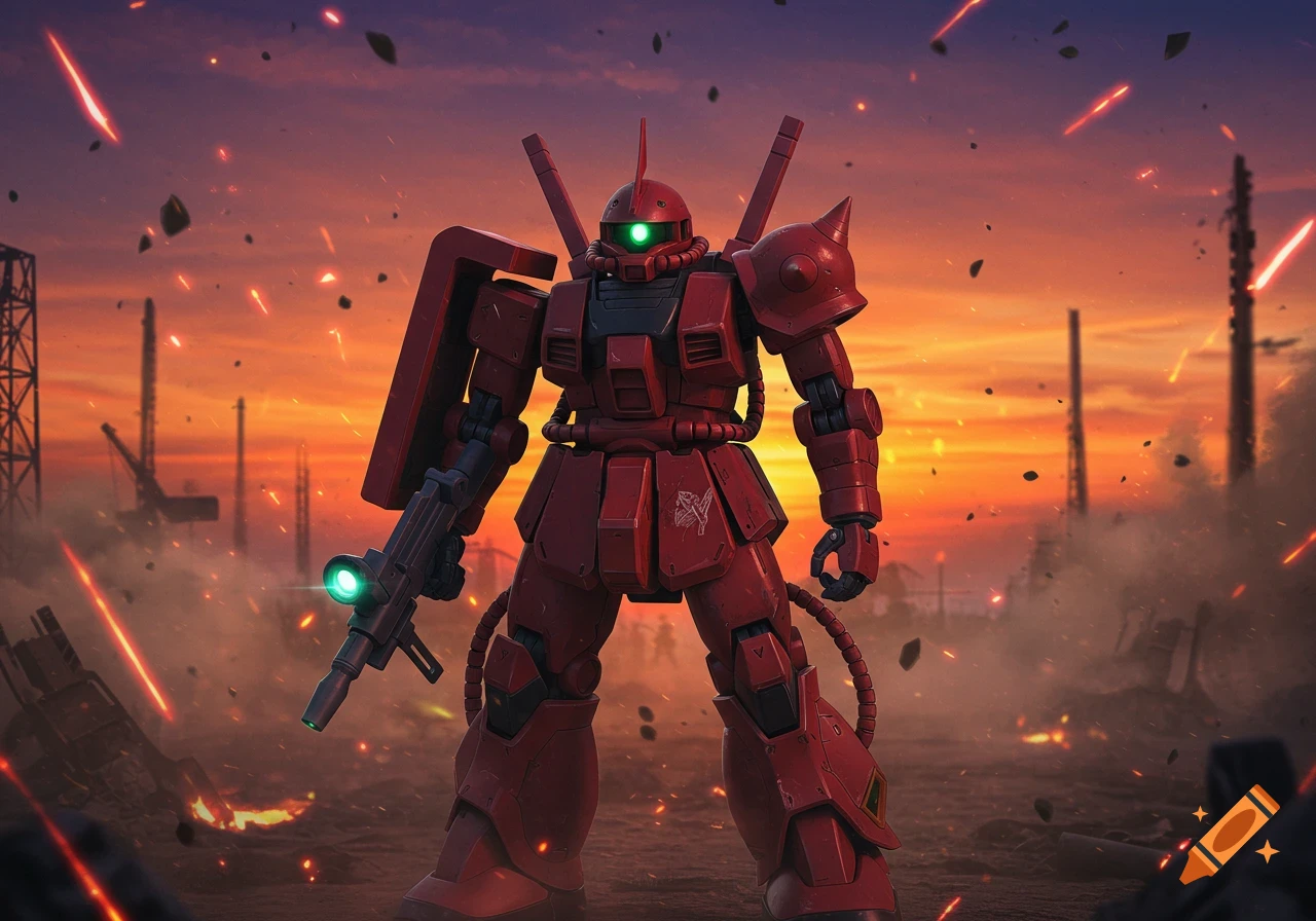 A red mecha with a rifle stands amid explosions and debris during an orange sunset.