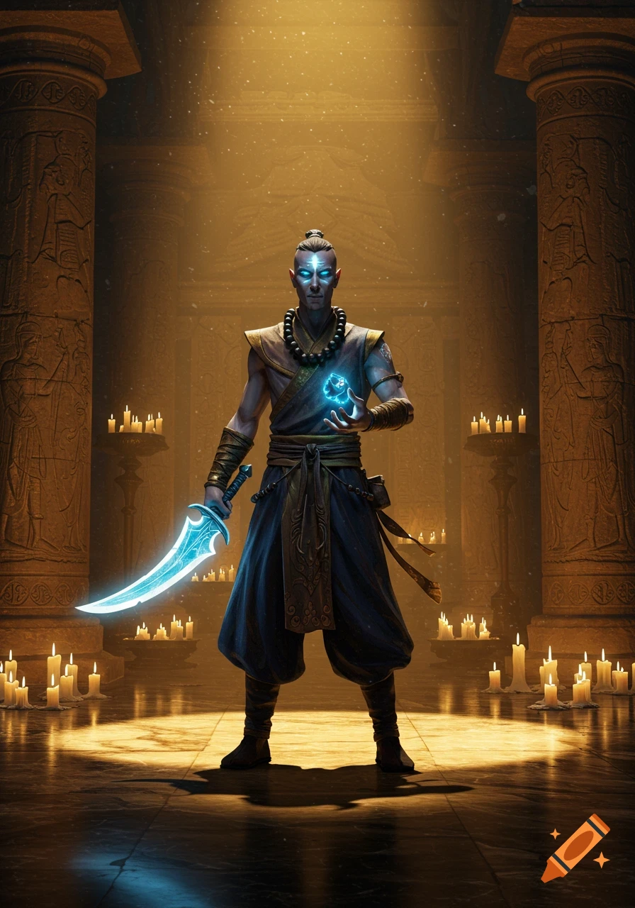 A psionic monk with glowing blue eyes holds a curved crystal dagger and a glowing orb in a candlelit temple.