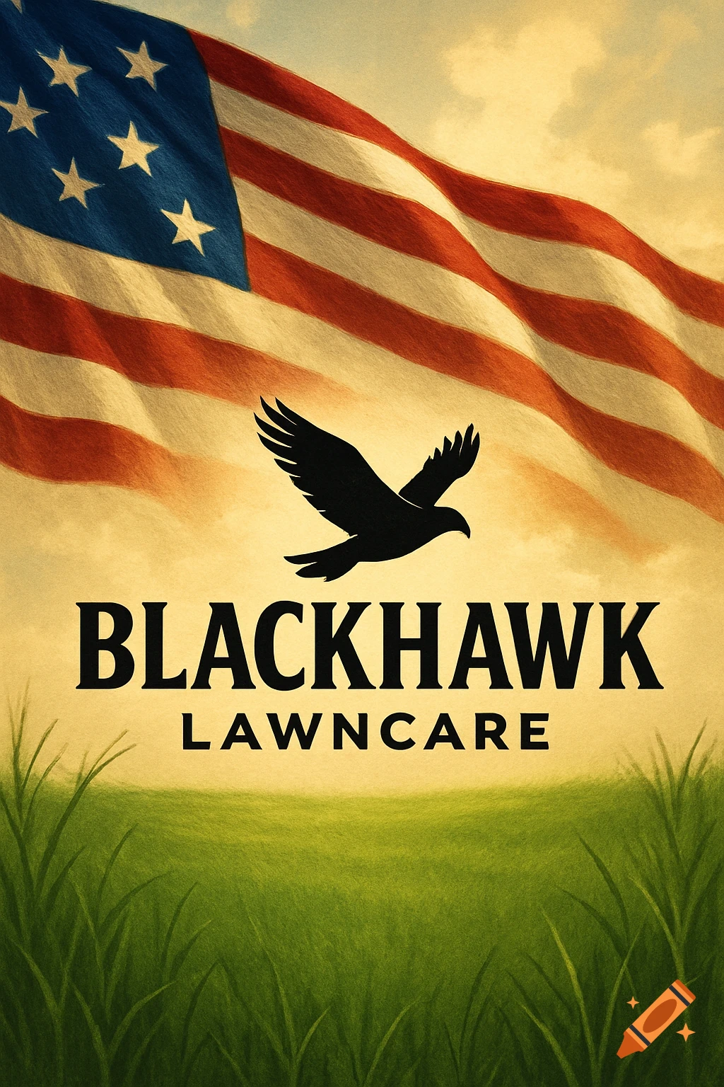 A flyer for Blackhawk Lawncare with a silhouetted eagle over an American flag and green grass below.