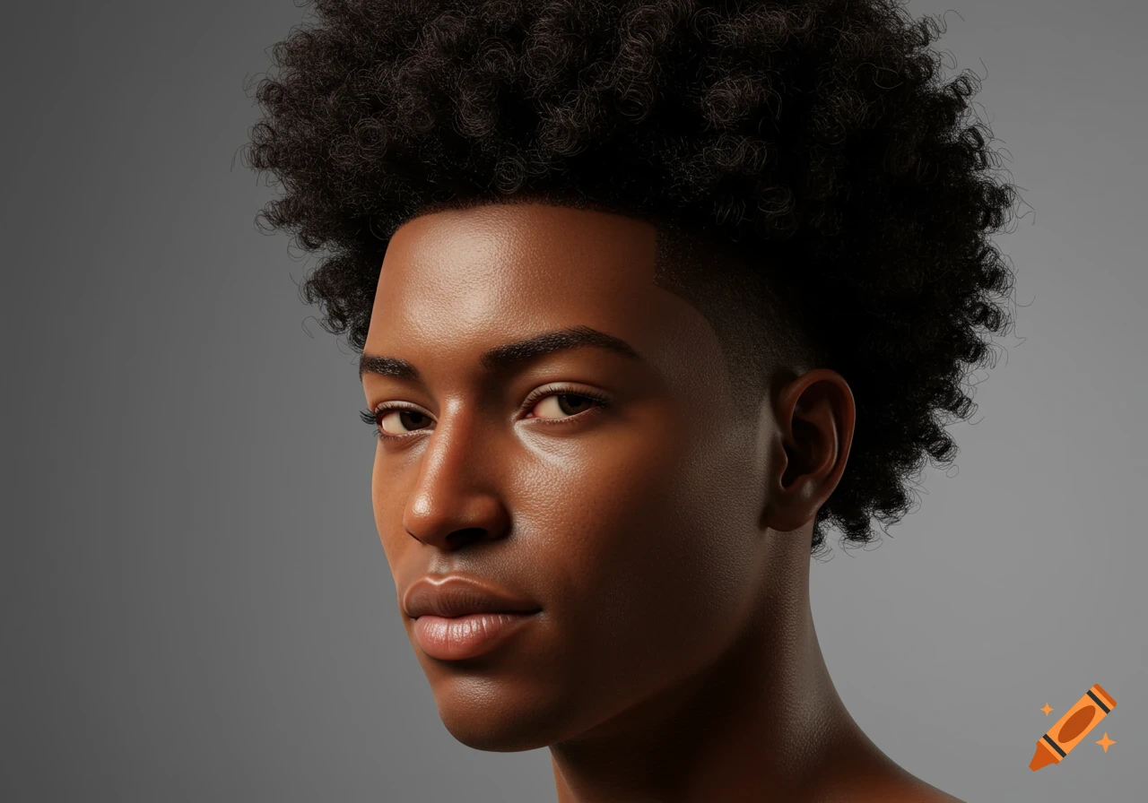 Close-up portrait of a young Black man with an afro and faded sides, looking confidently at the viewer in a studio setting, photorealistic style.