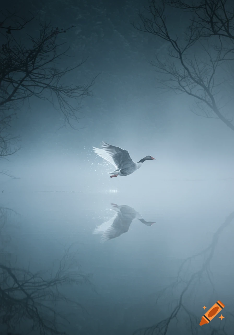 A white goose with dark features flies over a calm, misty body of water, with its reflection visible below. Bare tree branches frame the dark, foggy background.