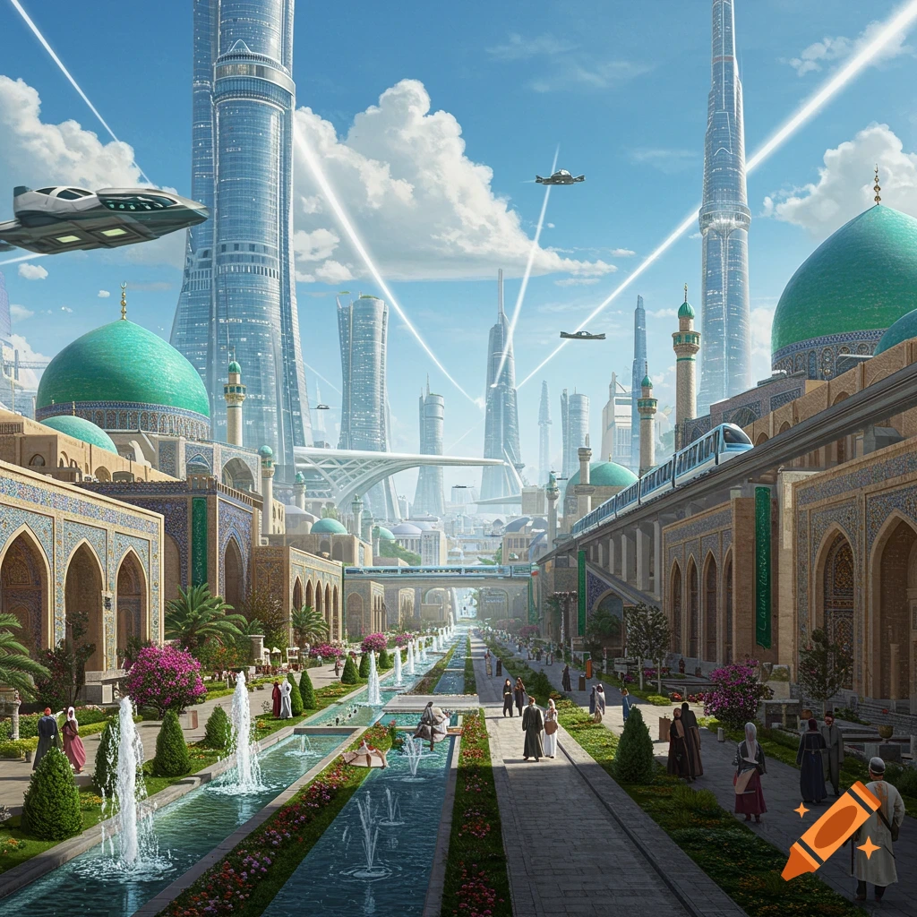 A vibrant futuristic cityscape blends traditional Persian architecture with modern skyscrapers, flying cars, and monorails. Gardens and fountains line wide streets filled with people.