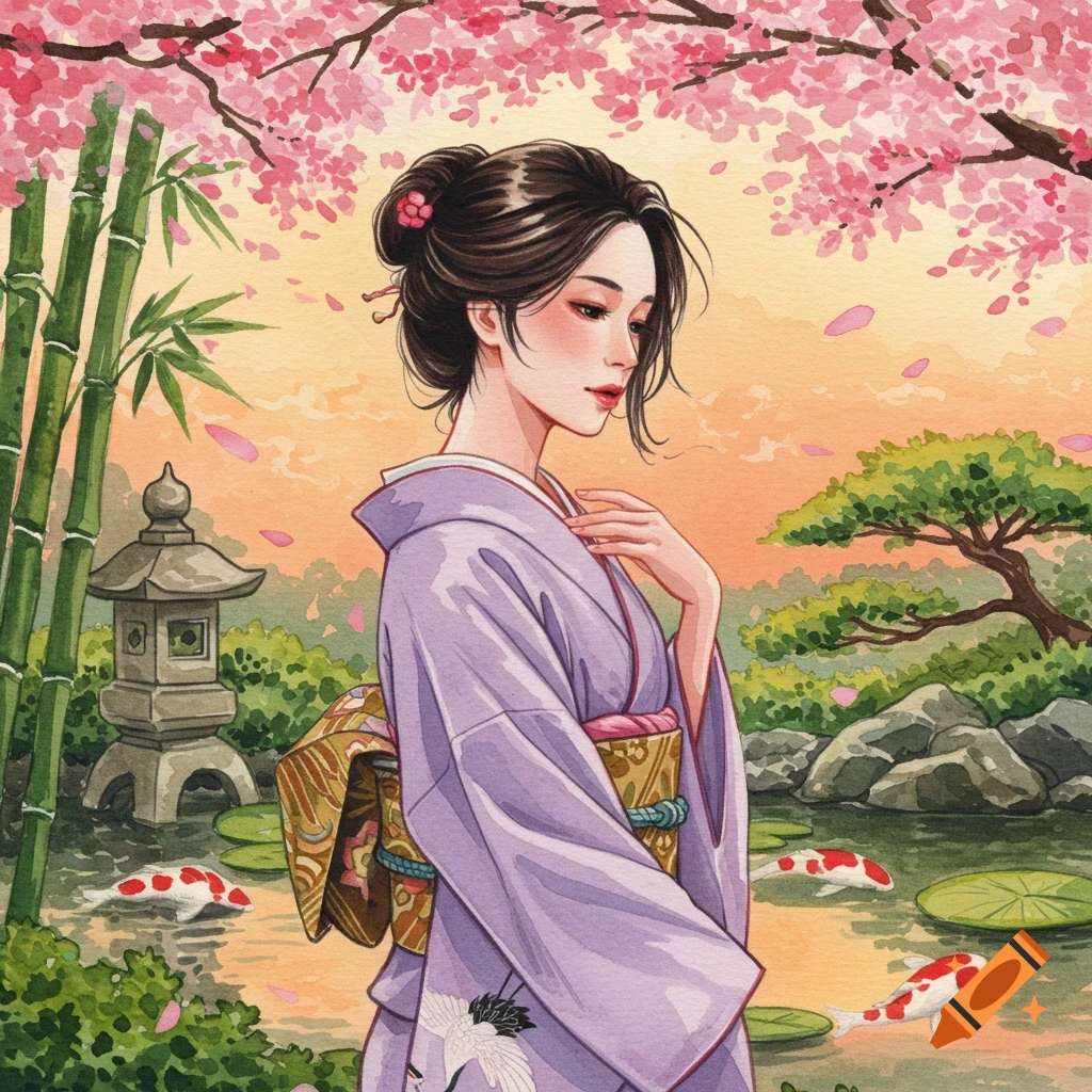 Watercolor illustration of a woman in a purple kimono standing in a Japanese garden with cherry blossoms, bamboo, and a koi pond.