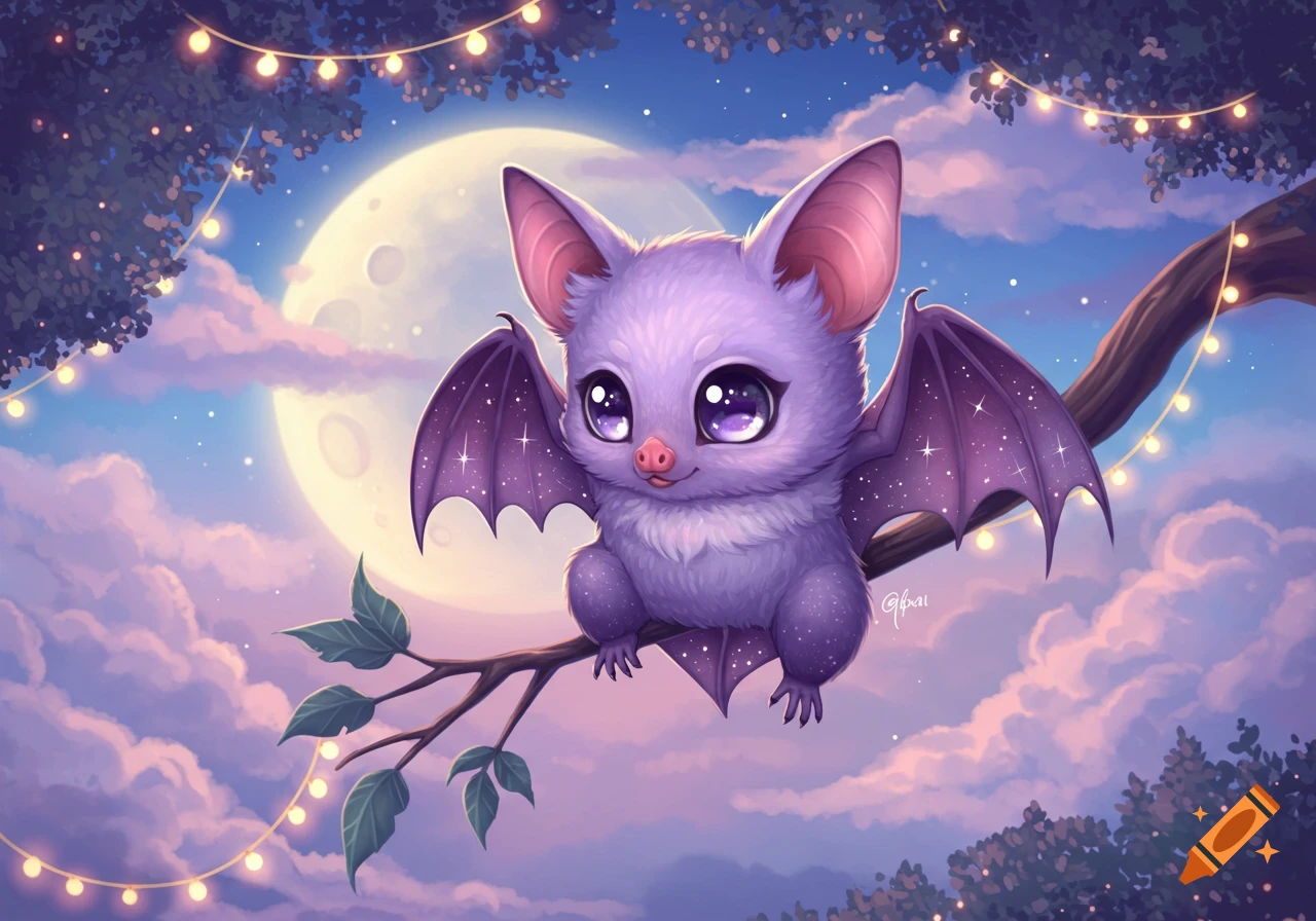 A cute purple chibi bat with large eyes sits on a tree branch under a full moon, with string lights in the background. Illustrated style.