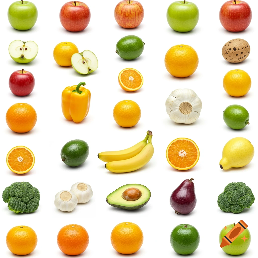 A grid of various fresh fruits and vegetables, including apples, oranges, bananas, broccoli, garlic, and avocado, on a white background.