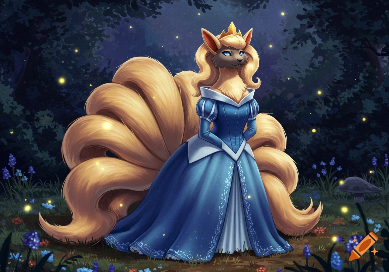 An illustrated Kantonian Ninetales, a nine-tailed fox creature, wearing a blue princess dress in an enchanting, dark forest with glowing lights.